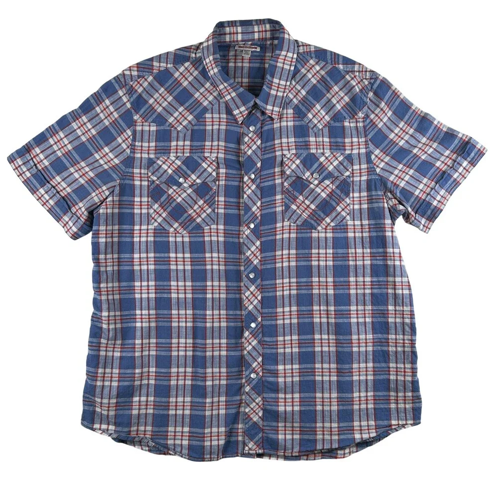 True Religion Shirt Mens 2XL Blue Plaid Short Sleeve Western Snap Casual
